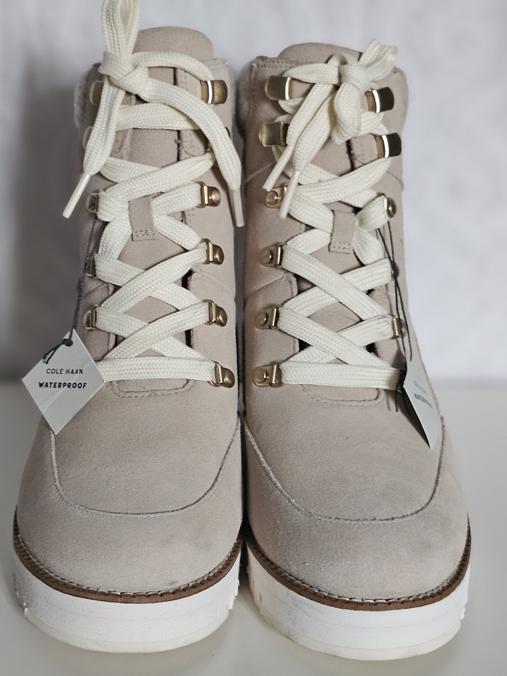 Cole Haan Women's Beige Waterproof Suede Lace-Up Boots